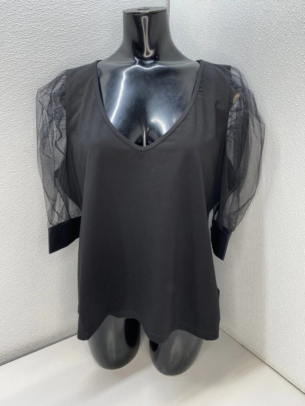 Anne Fontaine Womens Blouse Top Black Size 14 Aerial V-Neck Sheer Mesh Sleeves